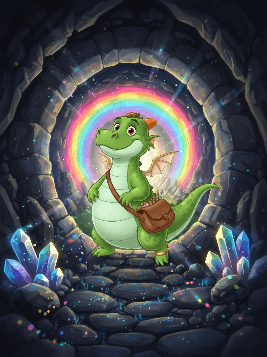 A friendly green dragon named Zog explores a glowing crystal cavern.