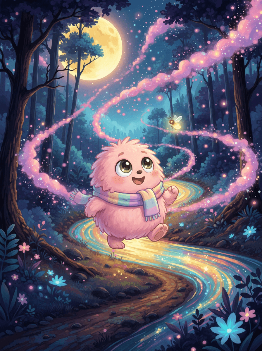 Pink round Fluffy with a scarf at the glowing Starfish Stream.