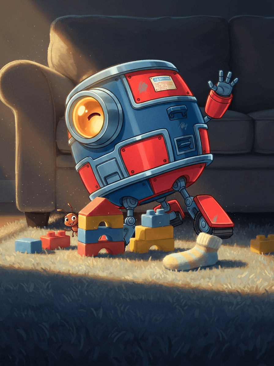 Malý modro-červený robot Beep skúma tajomný priestor pod tmavým rodinným gaučom.