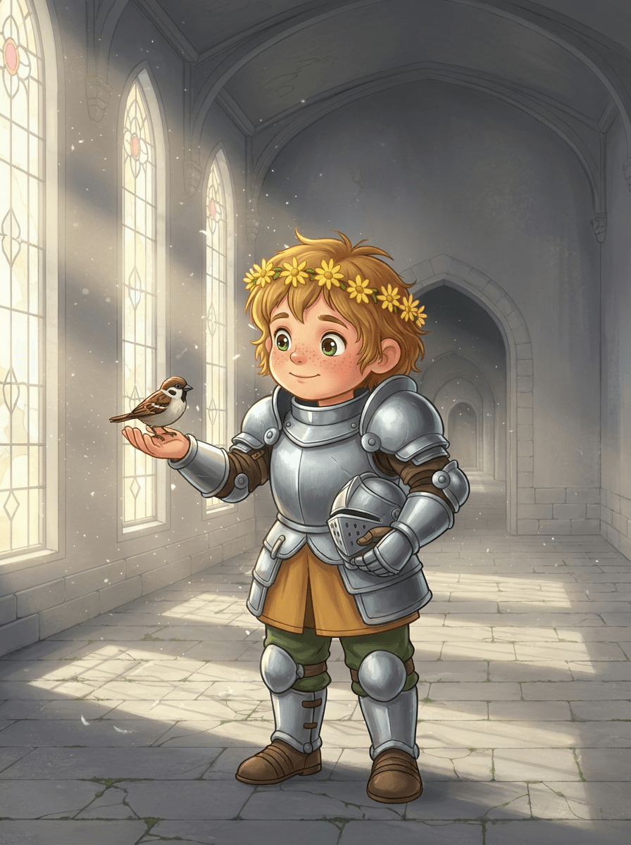 A small boy named Leo wearing shiny silver armor in a forest.