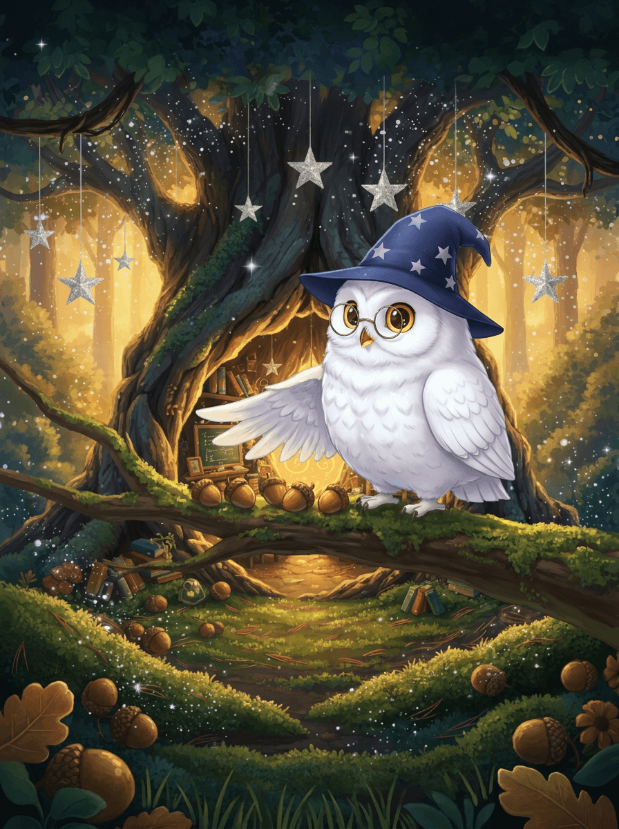 La civetta Luna con occhiali e cappellino stellato nel bosco incantato.