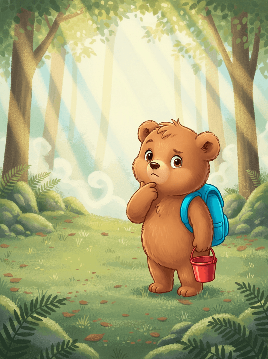 Medvídek Míša s modrým batůžkem a červeným kyblíčkem ve svém pokoji.