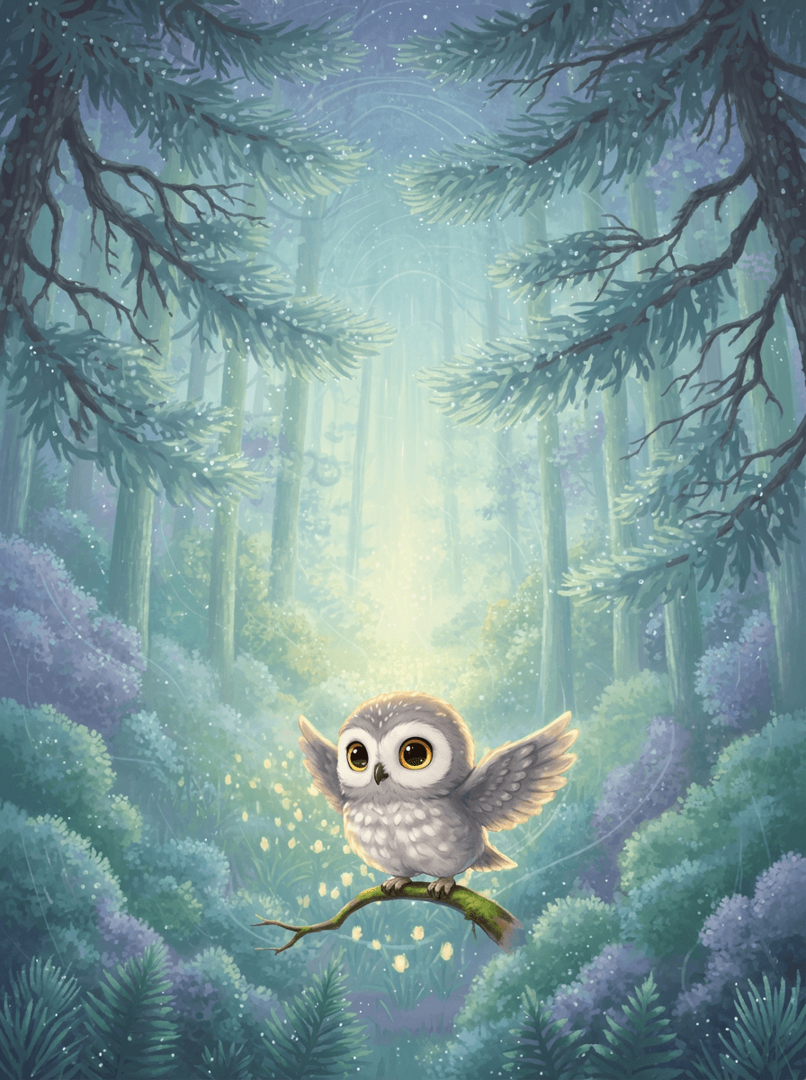 A tiny owl named Luna flying through the magical Whispering Woods.