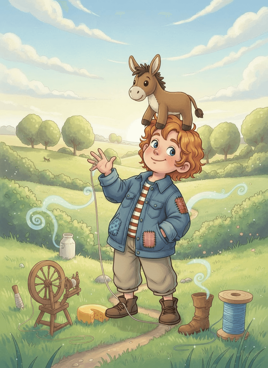 Lazy Jack walking while clumsily carrying a donkey on his shoulders.