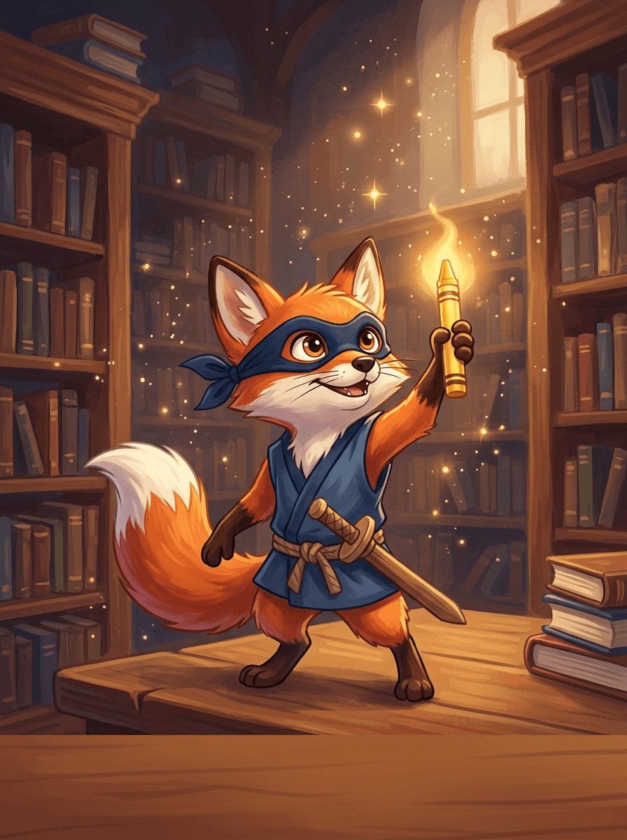 A ninja fox wearing a blue mask in a school library.