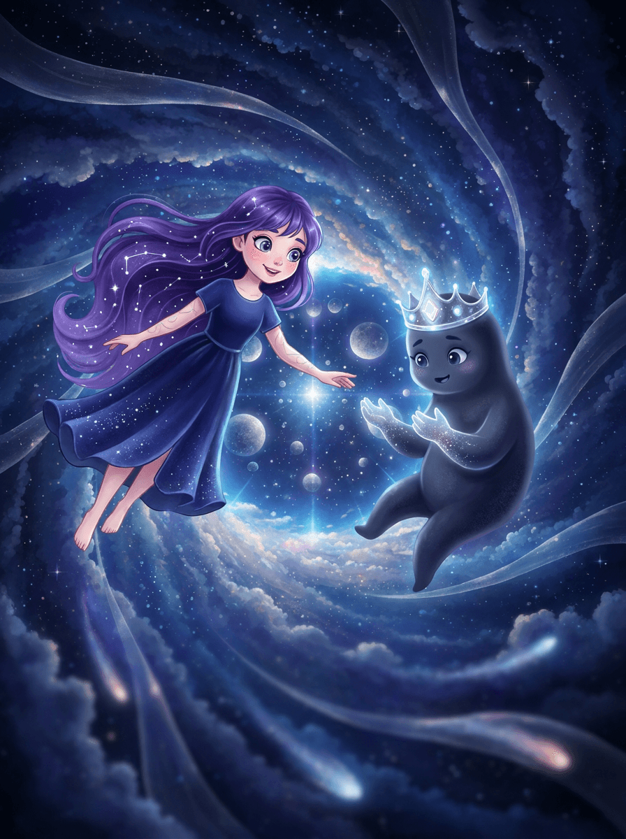 Nova con capelli di stelle indossa la corona di pietra di luna.