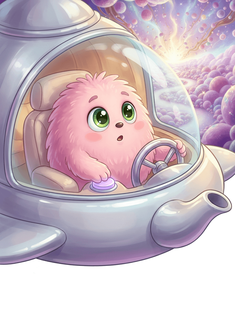 Fluffy у фіолетовому космосі на борту сріблястого корабля-чайника серед маршмелоу.