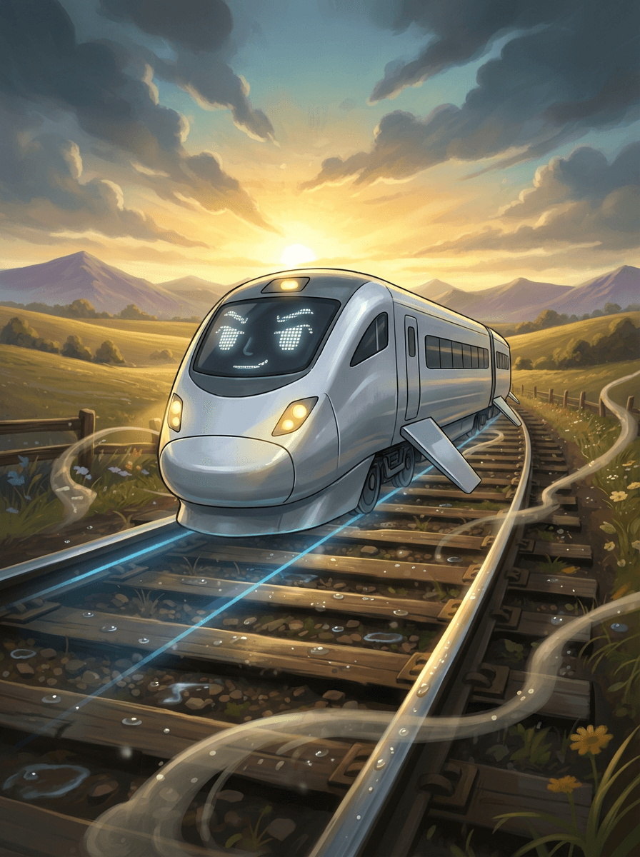 Old steam engine Smokey pulls sleek train Barnaby through a mountain forest.