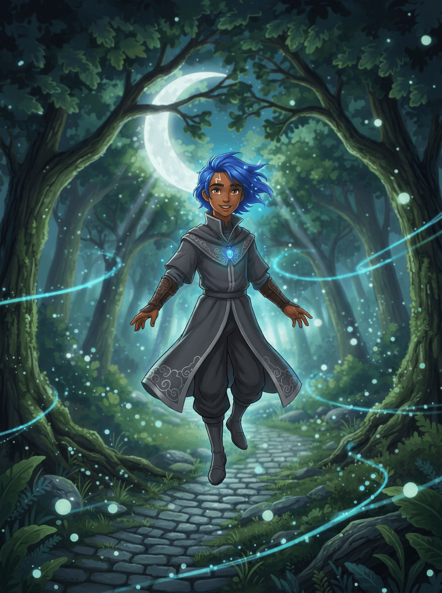 Il piccolo Ryu con i capelli blu magici nel Bosco Smeraldo.