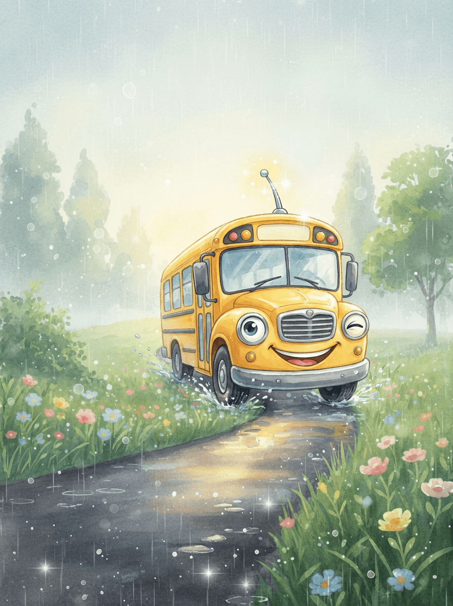 Žlutý školní autobus Bublinka a pan Volant v deštivé krajině.