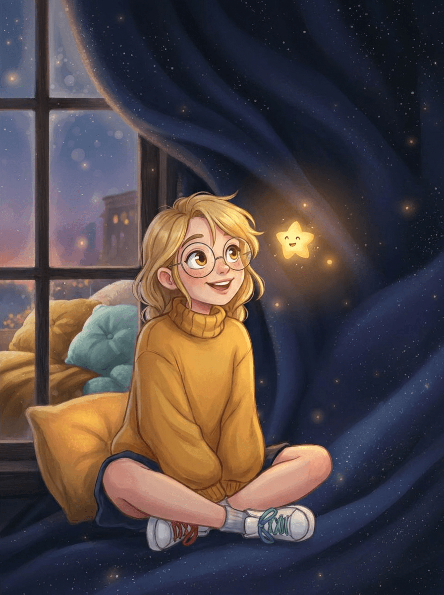 Kleine Ema met haar grote trui en ronde bril ontmoet sterretje Spark.