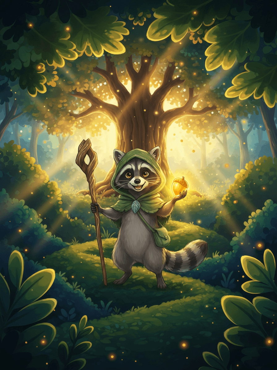 Le raton laveur Raccoon avec sa capuche verte et son bâton.