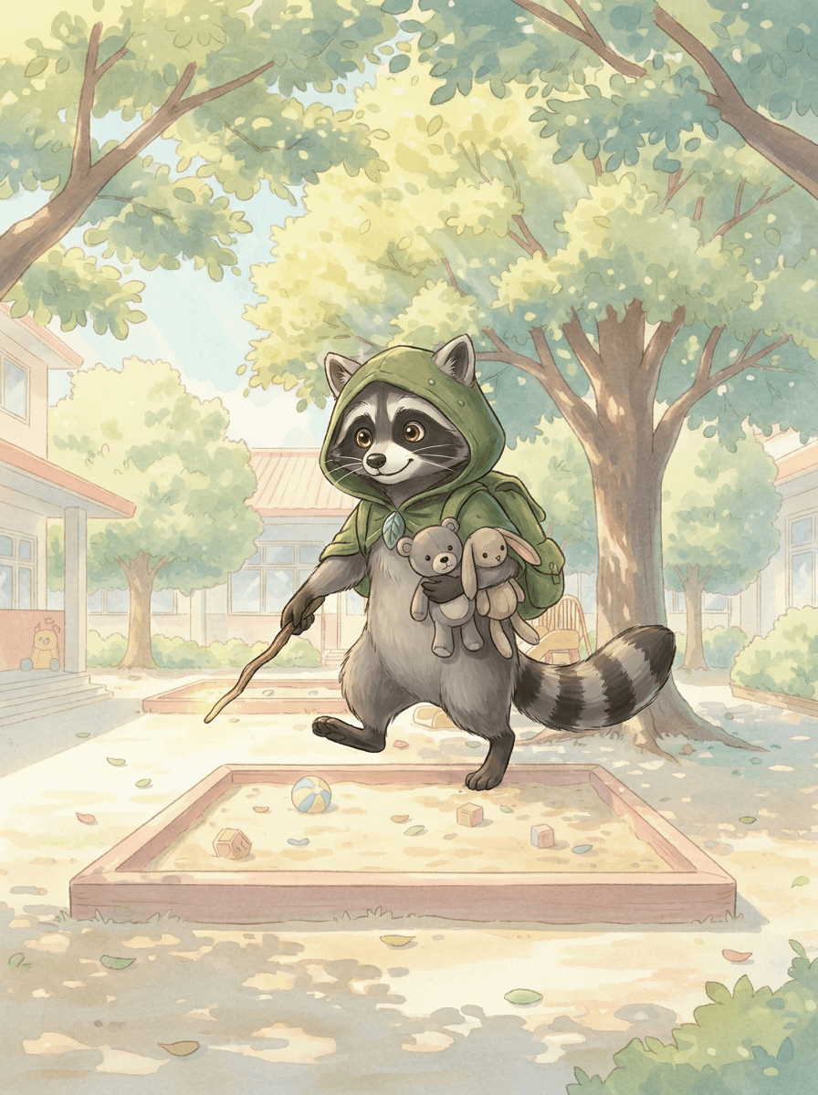 Raccoon avec son bâton magique cherche des doudous dans l'école.