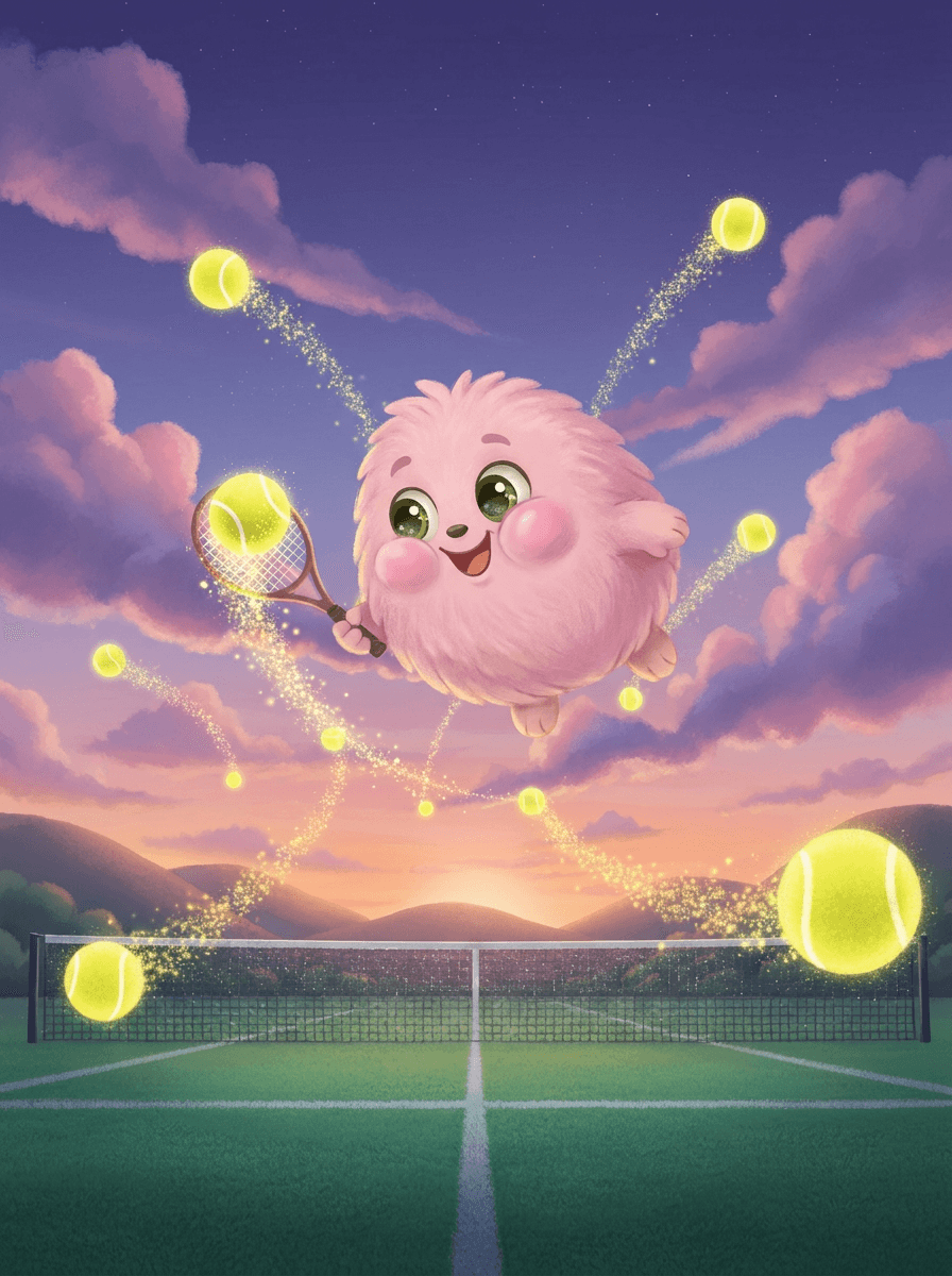Den rosa karaktären Fluffy med tennisracket bland lysande, svävande bollar.