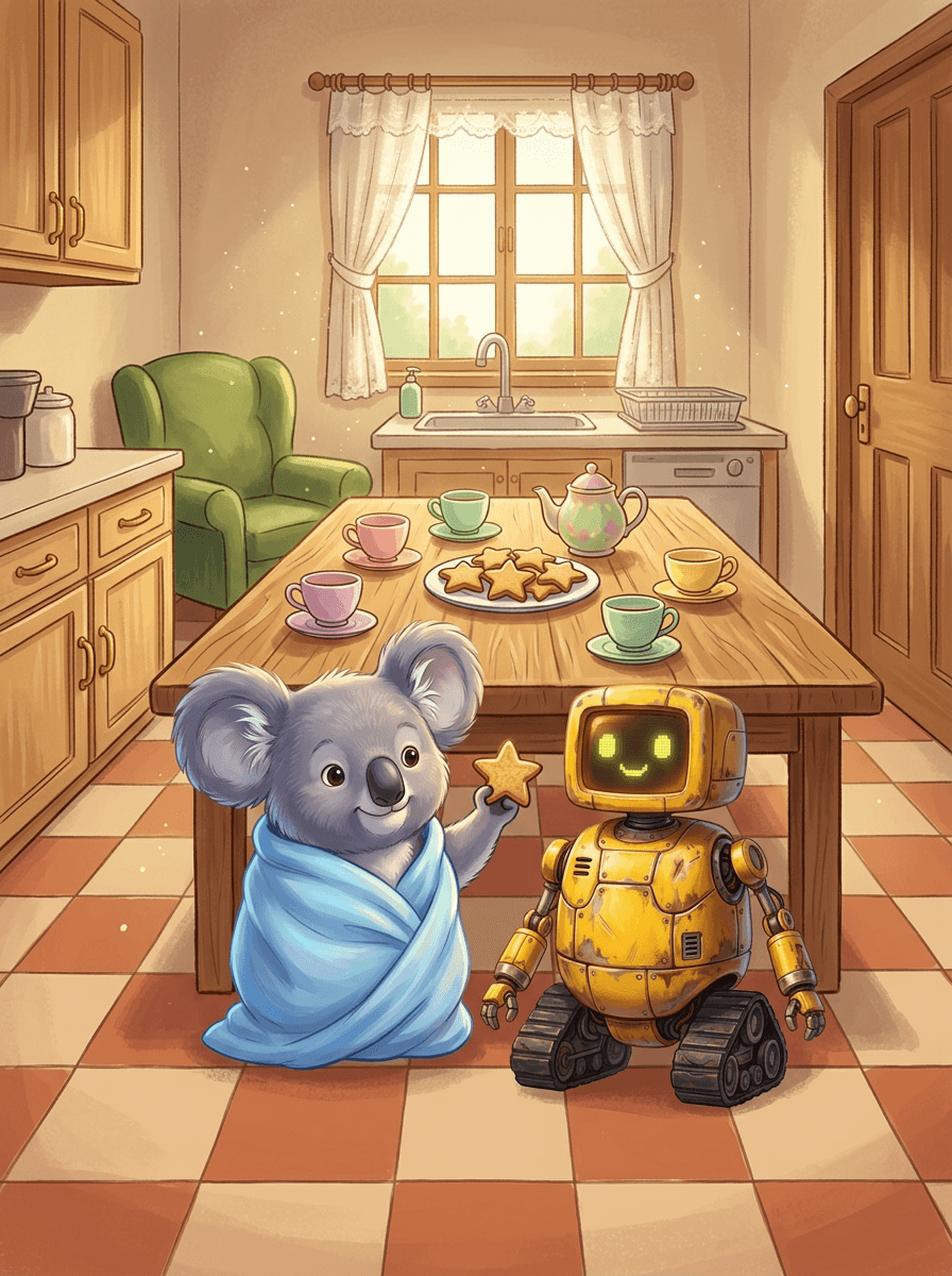 Koala Mimi i robot Robi w kuchni przygotowują herbatę i ciasteczka.