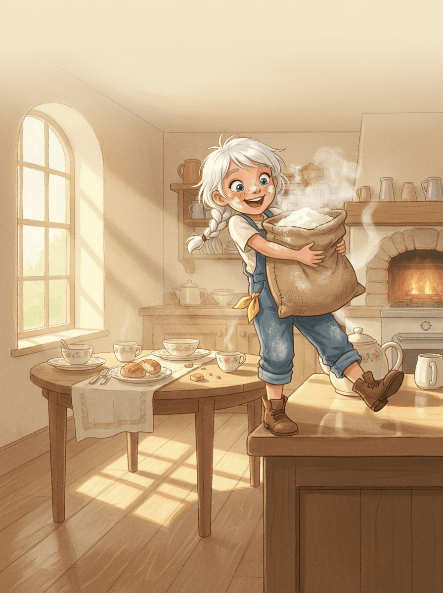 La piccola Zoe cucina con coraggio tra nuvole di farina bianca.
