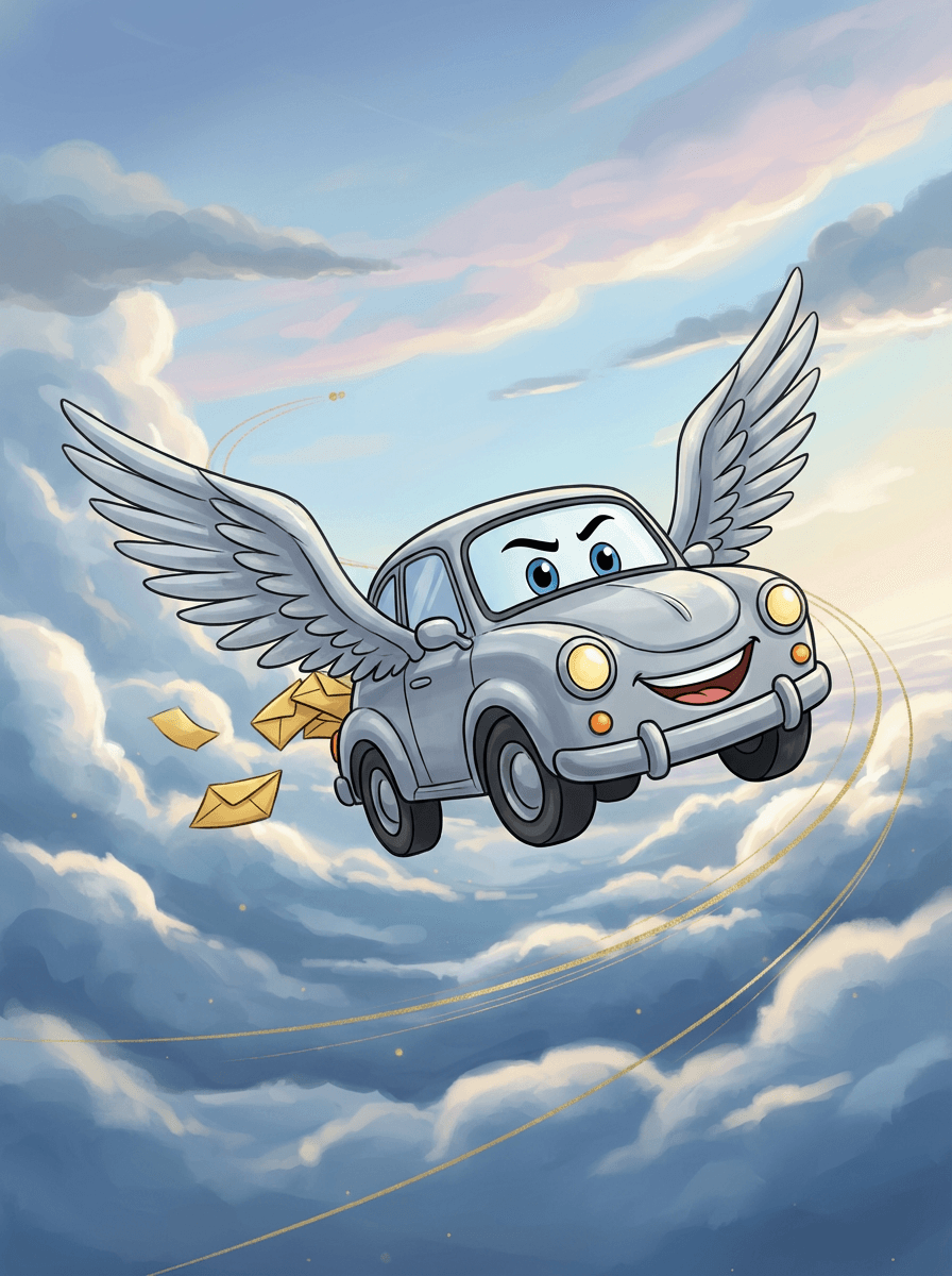 Modrý auťák Flíček s roztaženými křídly letí mezi nadýchanými bílými mraky.