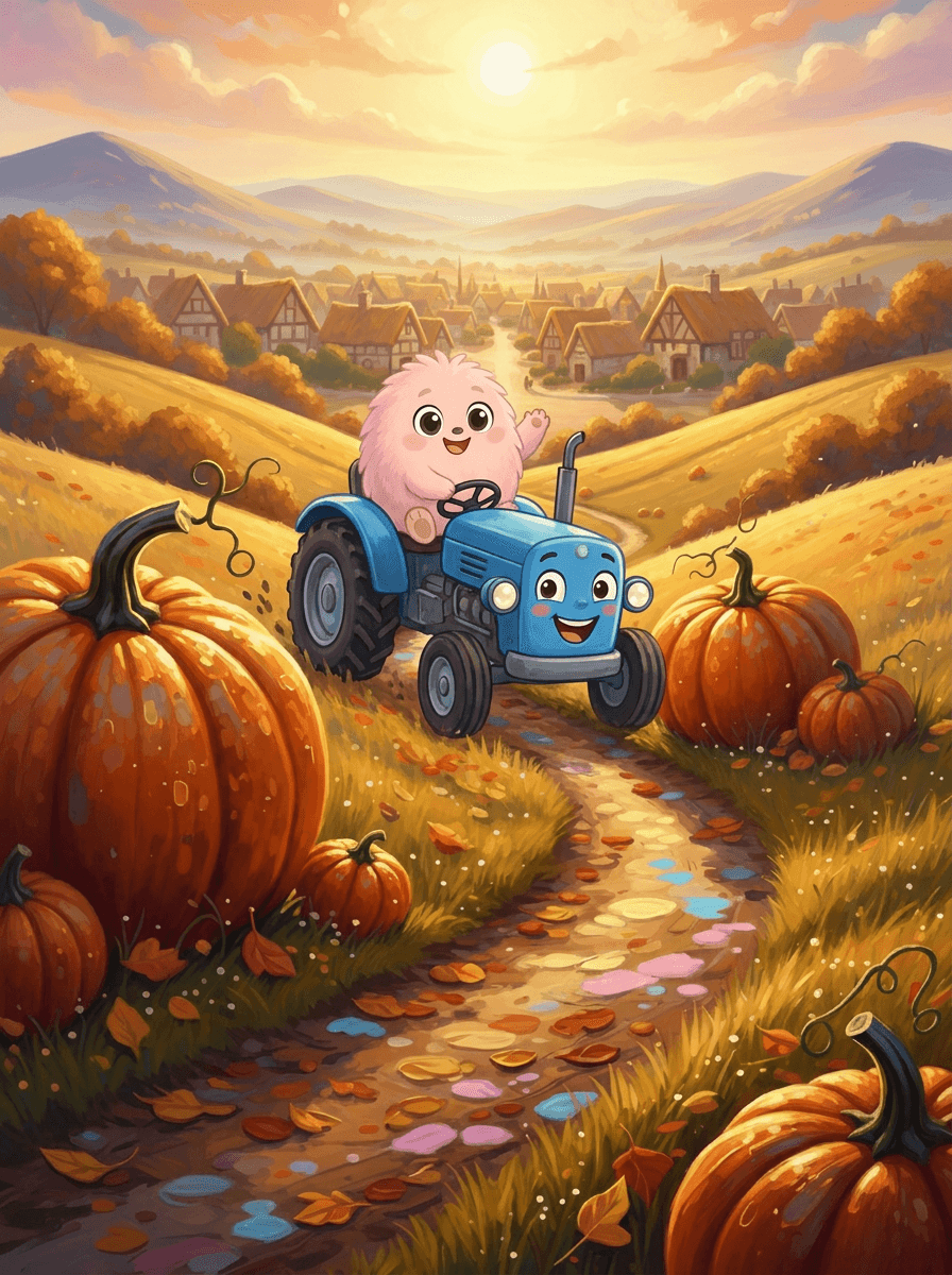 Fluffy, a rózsaszín kis hős és Barnaby, a kék traktor az óriástökkel.