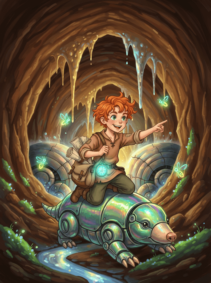 Chlapec Toník sedí na barevném mechanickém krtkovi v zářícím podzemním království.