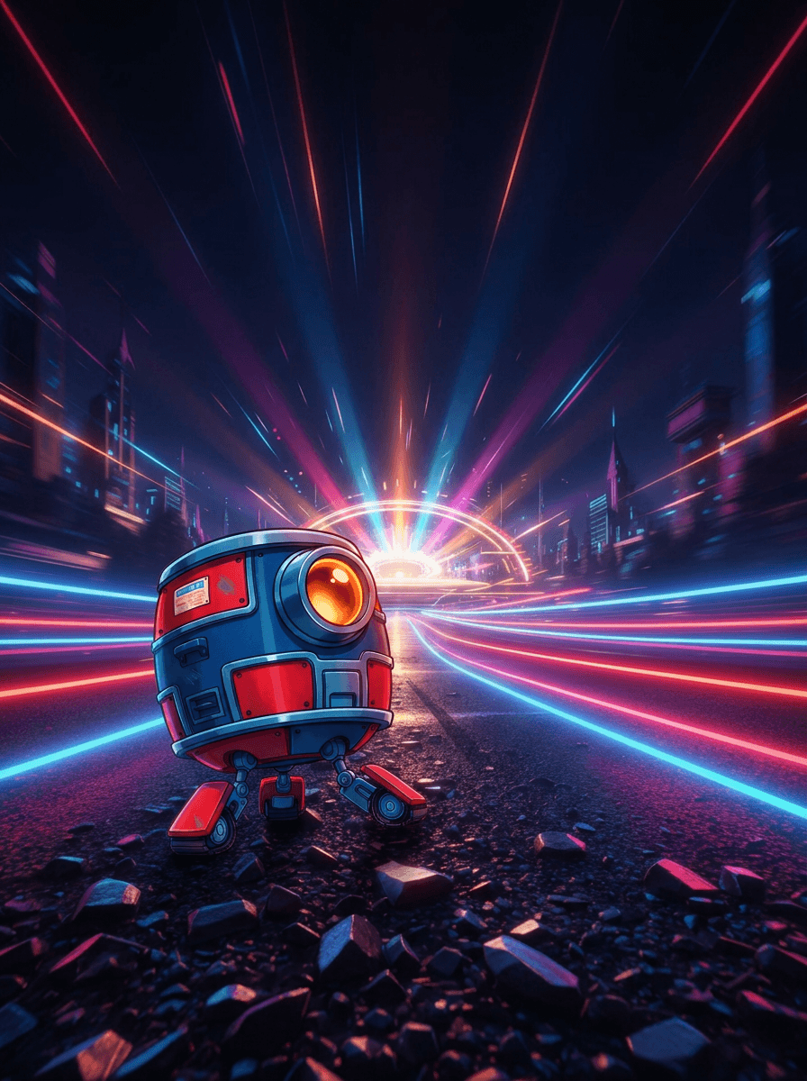 Malý robot Beep se třemi nohami stojí na závodní dráze.