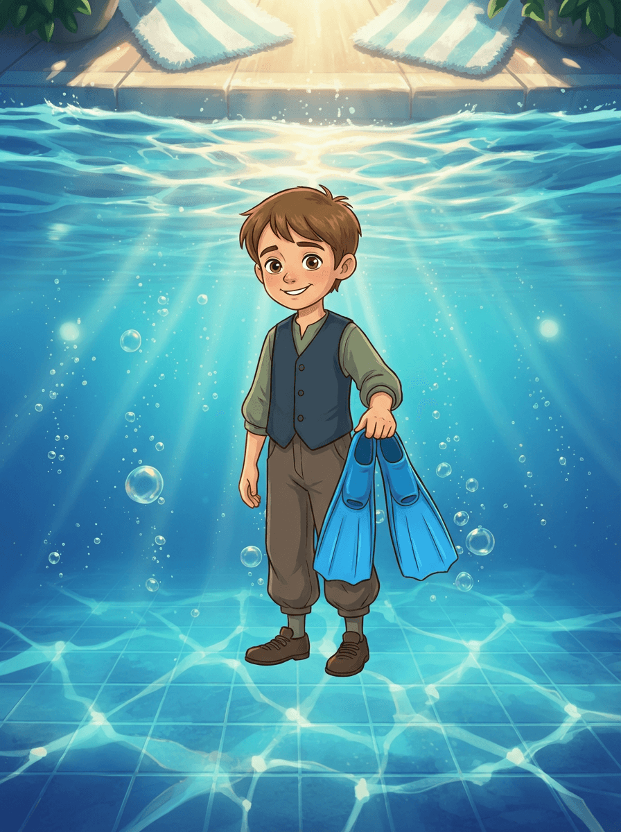 Chlapec Marek s modrými ploutvemi u bazénu vedle kamarádky Elišky.