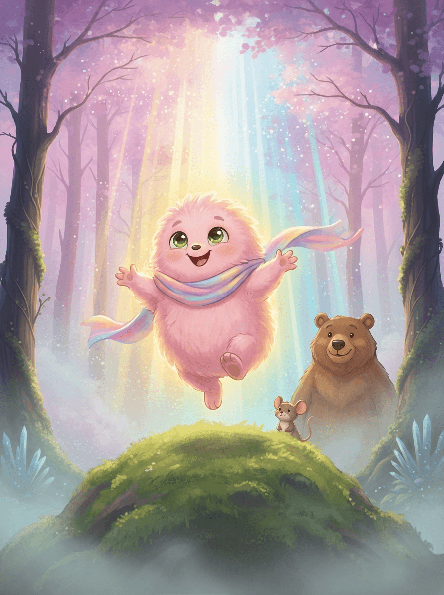 Hattaranpinkki Fluffy-hahmo seisoo Humisevassa metsässä hehkuen sateenkaaren väreissä ystäviensä ympäröimänä.