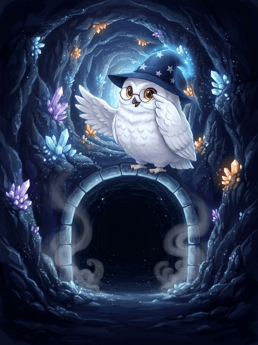 Loket Puff-Puff och ugglan Luna vid den glittrande tunnelns öppning.