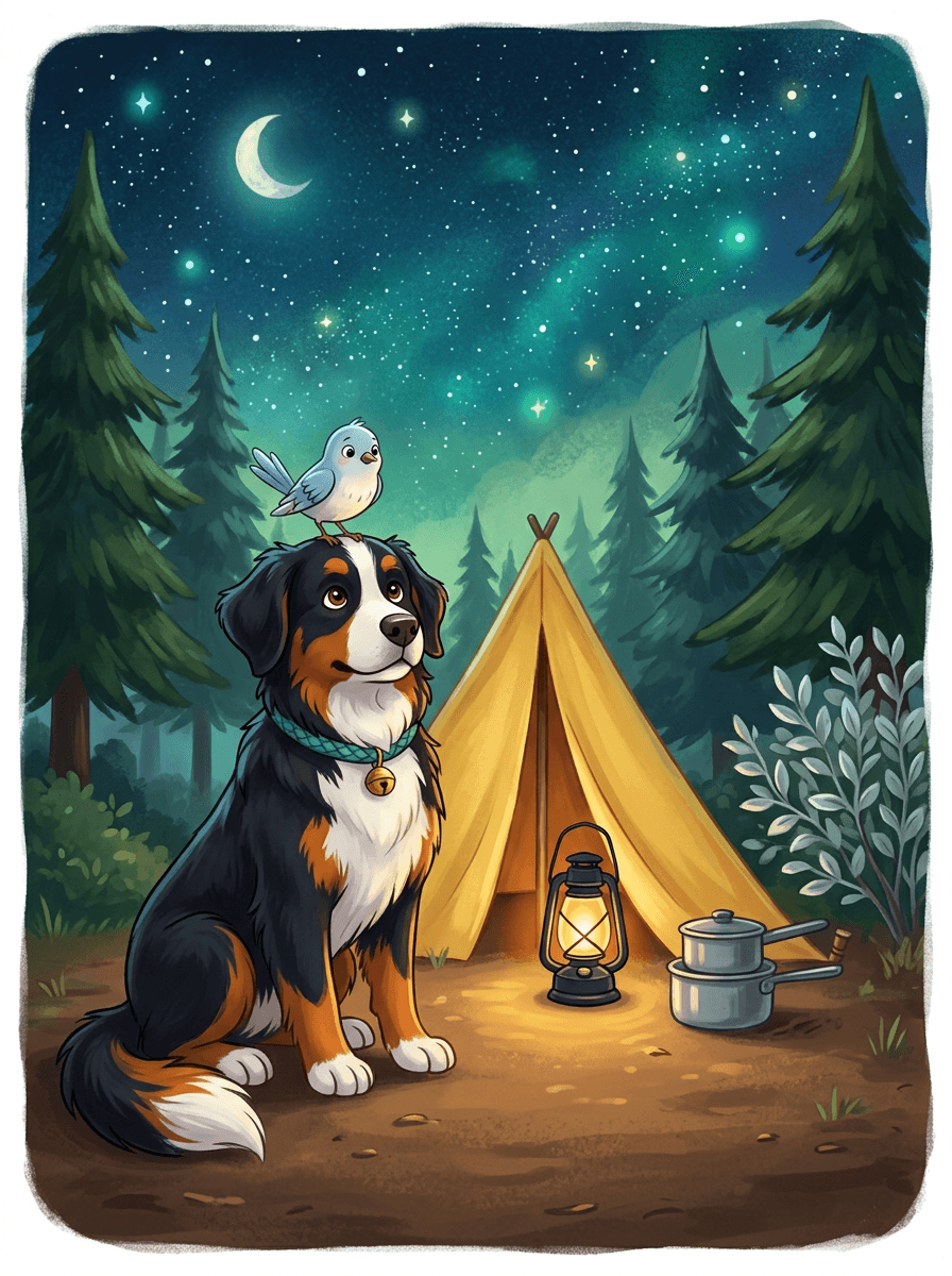 Trixi the rust-orange dog protects Pip the bird in a forest tent.