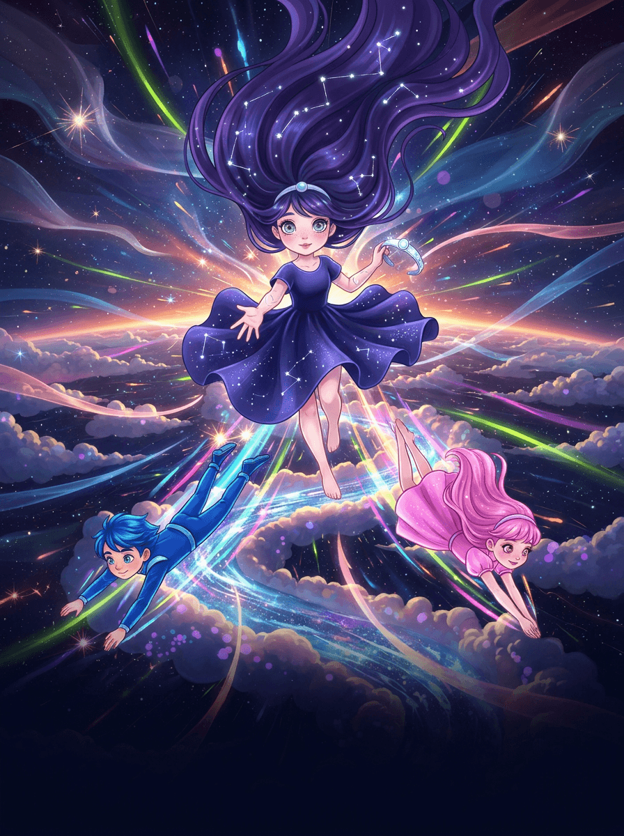 Estrela Nova com cabelo violeta e vestido azul no espaço sideral.