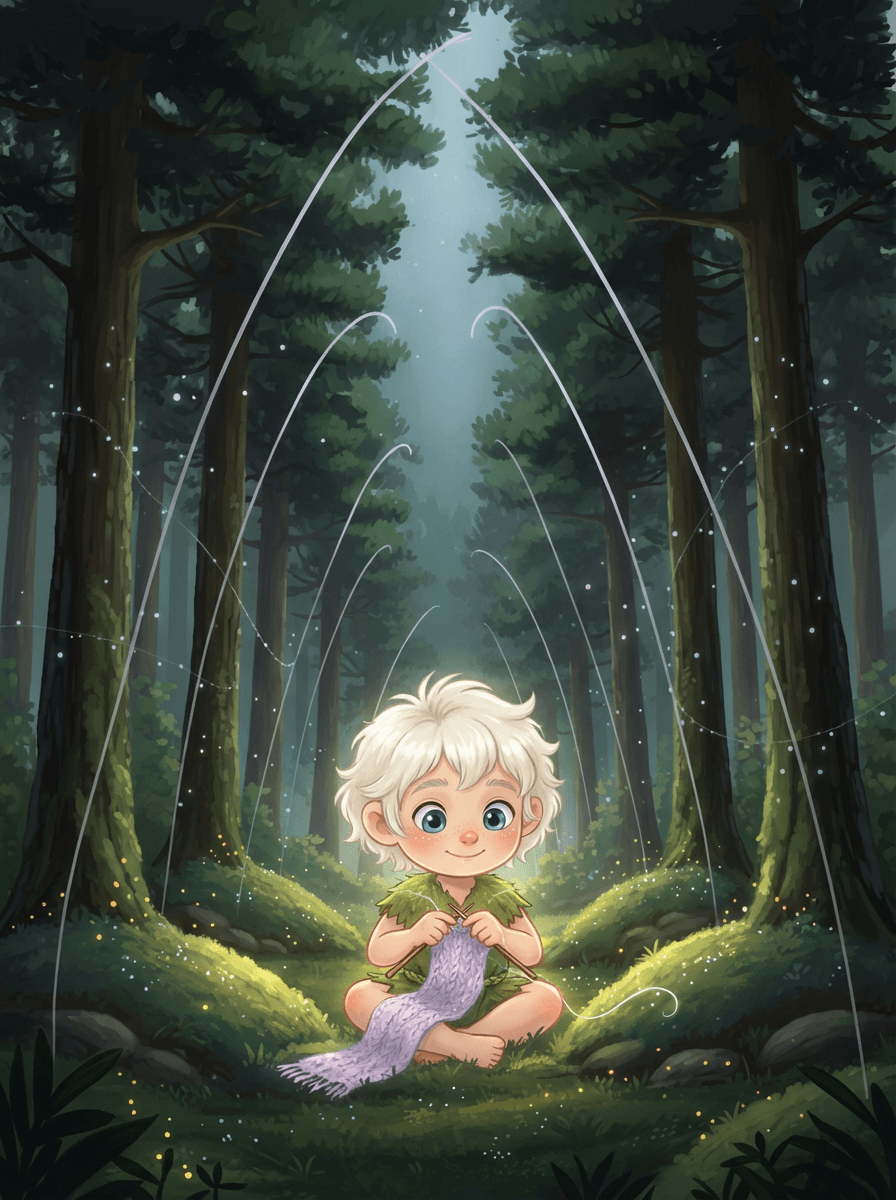 Malý skřítek v borovém lese plete z měsíčních paprsků hřejivou šálu.