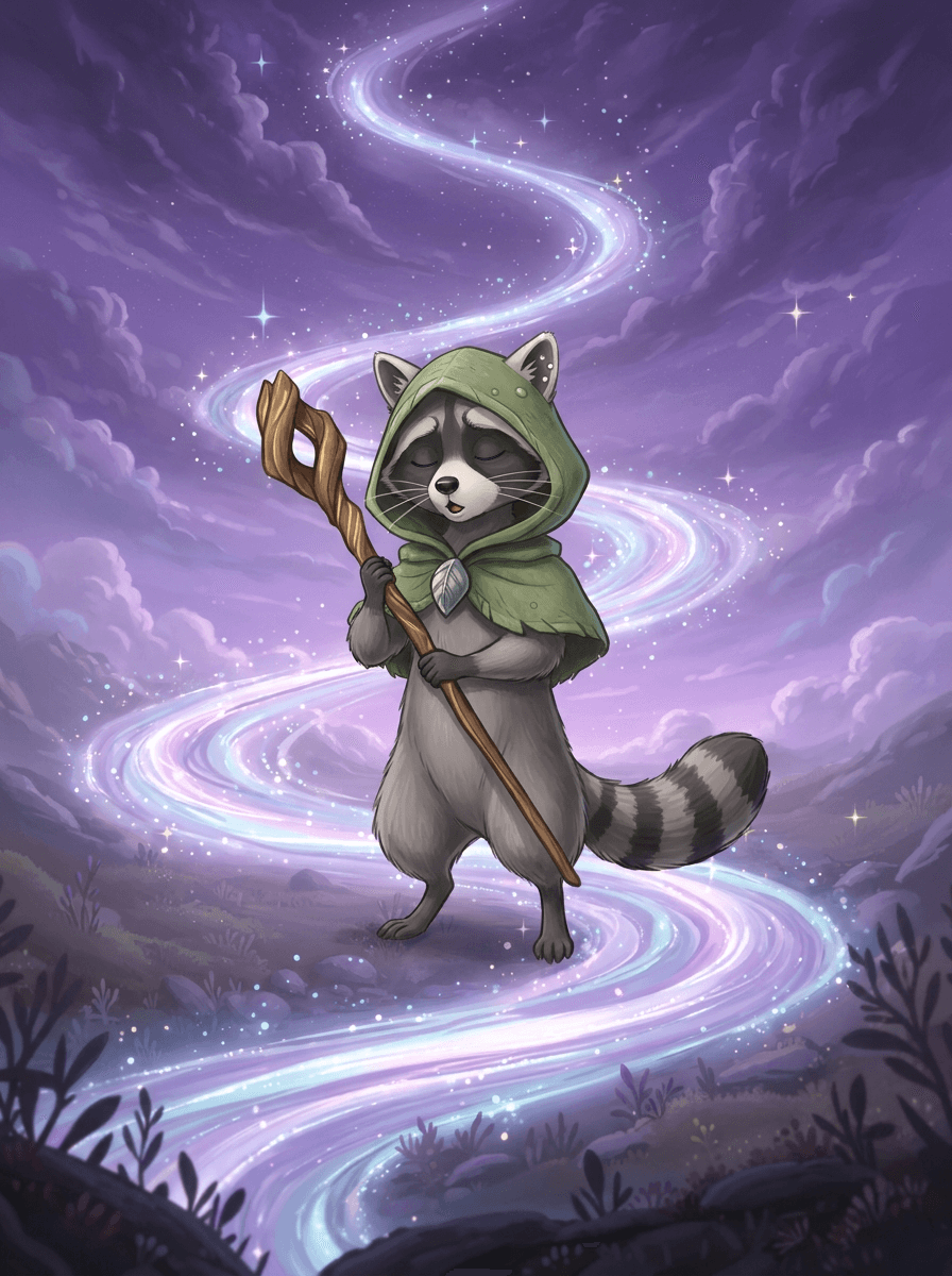 Raccoon de capuz verde e cajado diante do brilhante Rio das Estrelas.