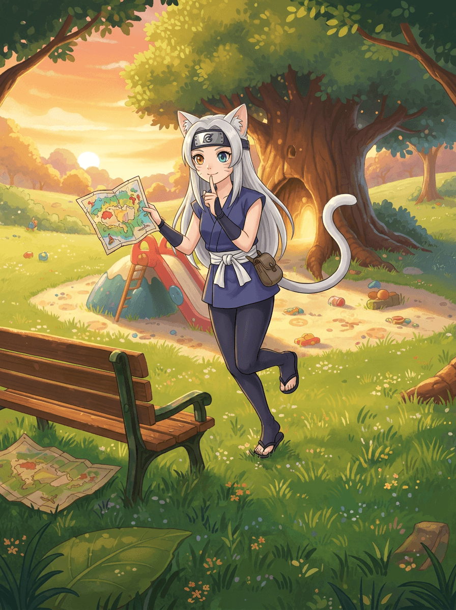 Shiki la niña gato ninja busca juguetes con su mapa mágico.