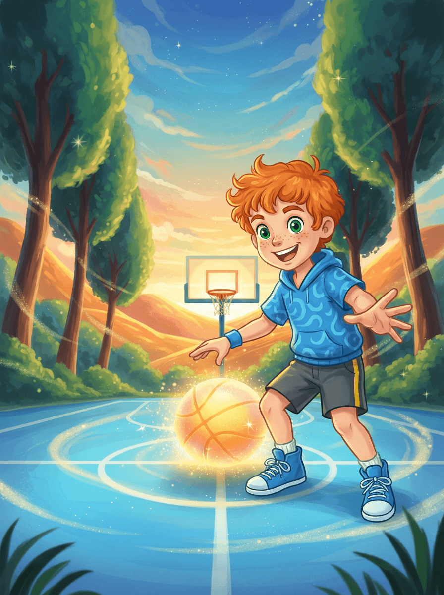 Pip the boy holds a glowing orange basketball on a court.