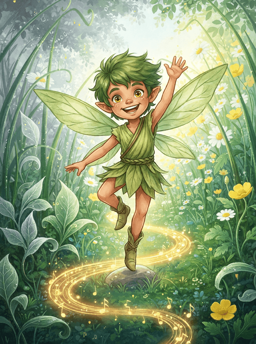 Waldgeist Barnaby tanzt mit seinen Mooshaaren fröhlich im glitzernden Garten.