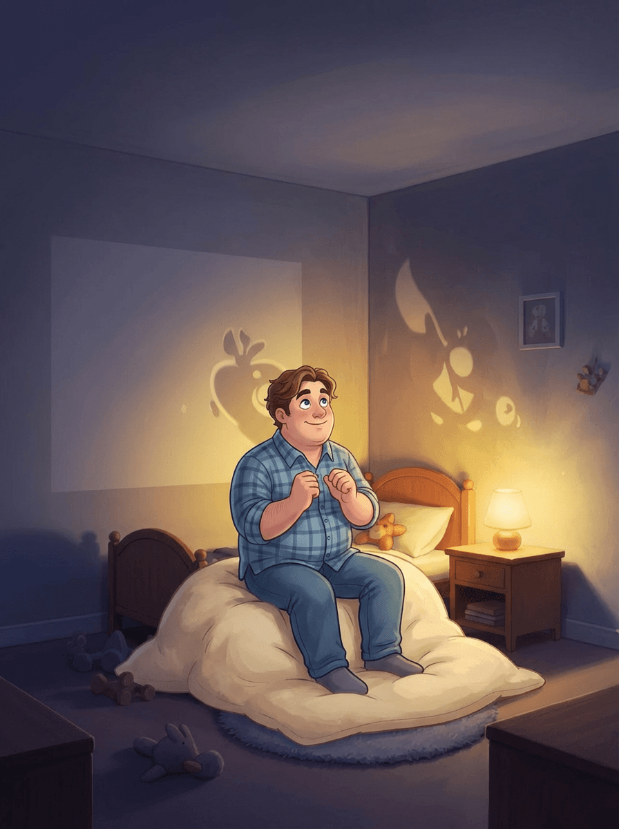 Tatínek promítá na stěnu stín zajíčka před malým chlapcem v postýlce.