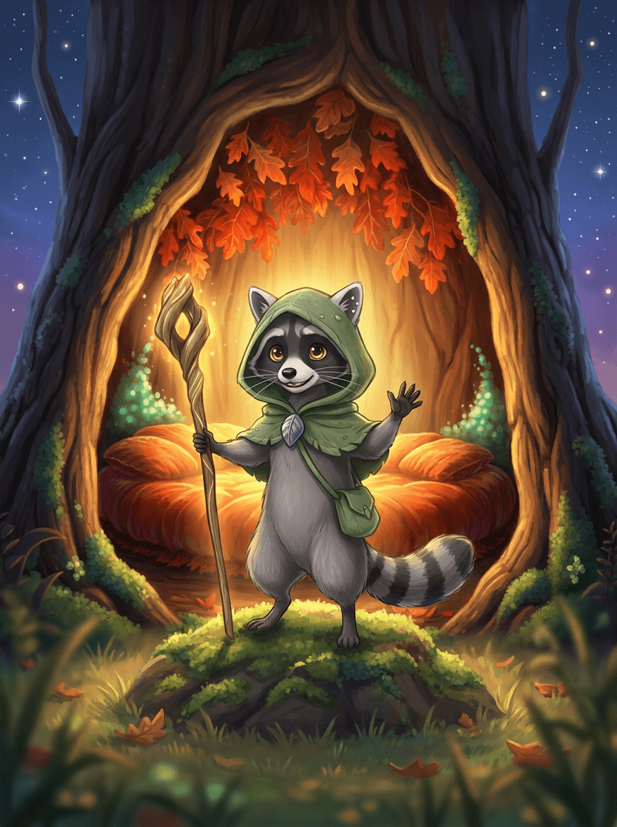 Micul raton Raccoon cu un toiag luminos în inima pădurii magice.