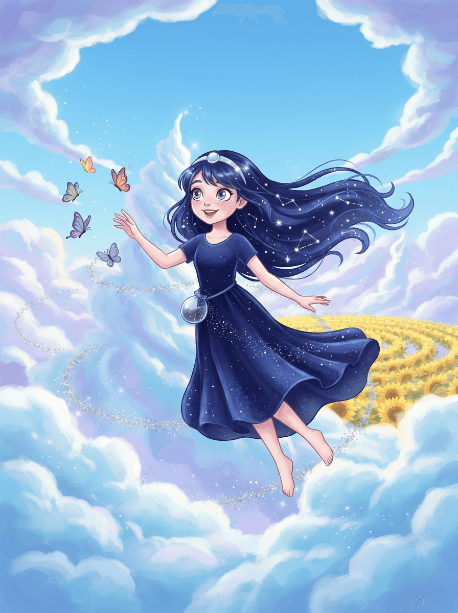 A menina-estrela Nova e borboletas coloridas dançam juntas no céu azul.