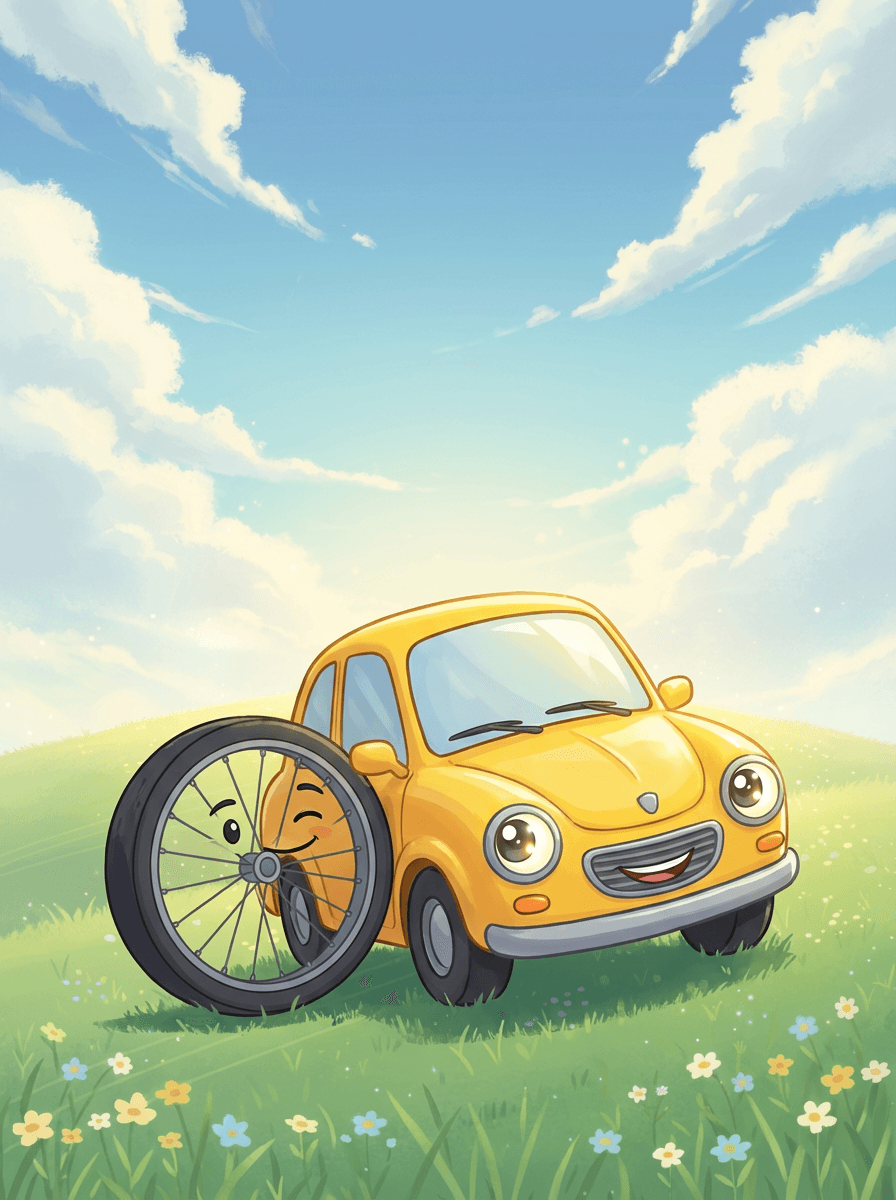 Žluté autíčko Píp pomáhá unavenému kolu do kopce v zelené krajině.