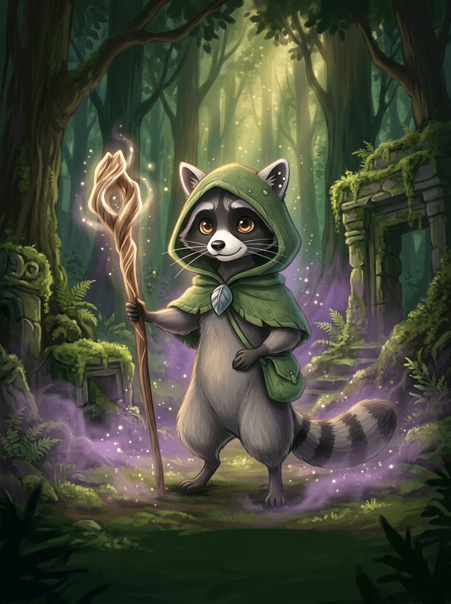 Vaskebjørnen Raccoon med grønn kappe og trestav blant mosegrodde steiner.