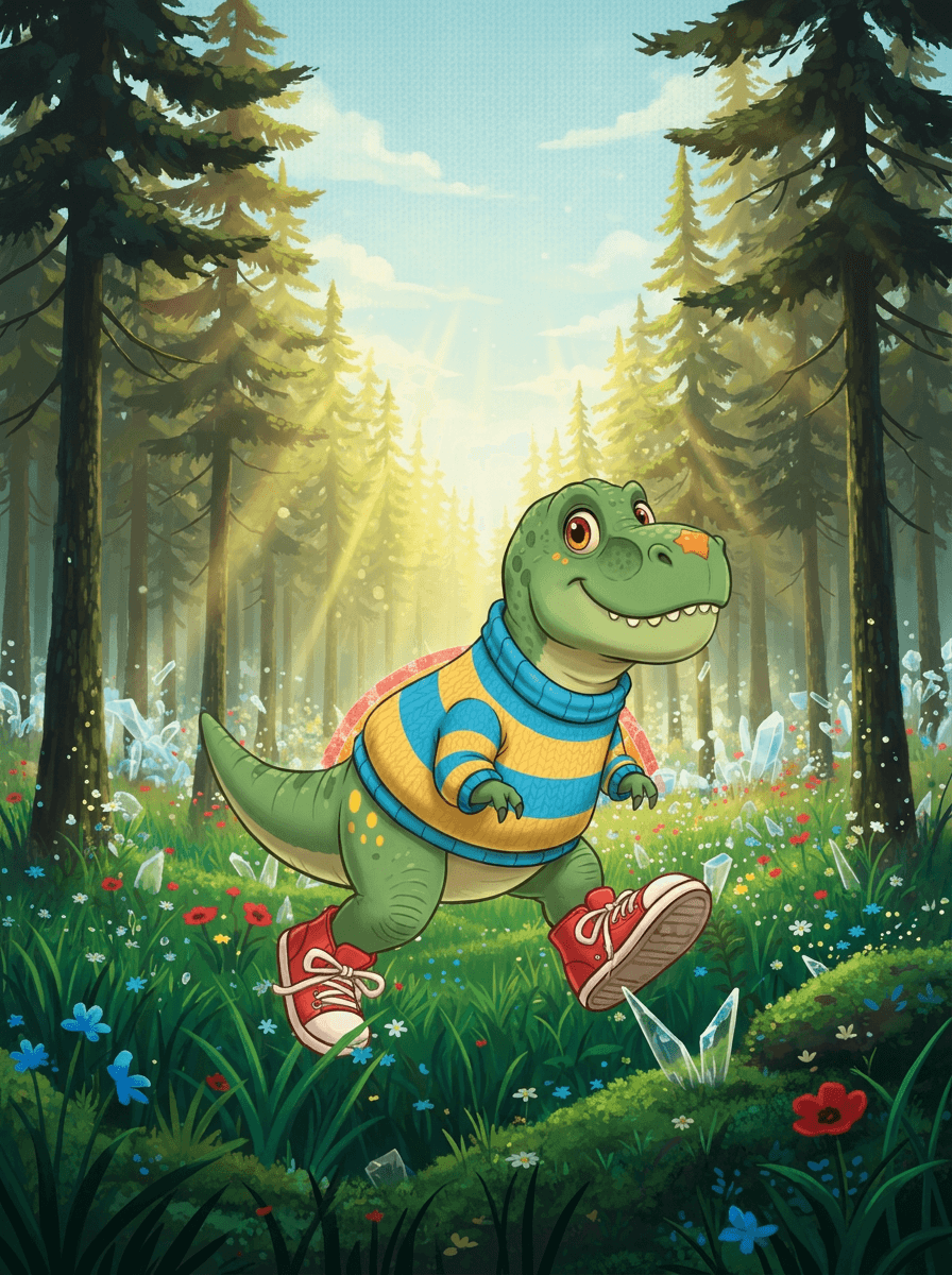 Priateľský dinosaurus Rex v pruhovanom svetri a veľkých teniskách v lese.
