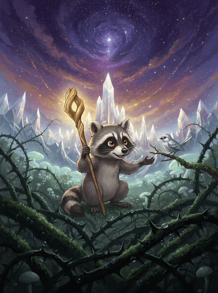 Mýval Raccoon v zelené kápi drží svítící hůl v kouzelném lese.