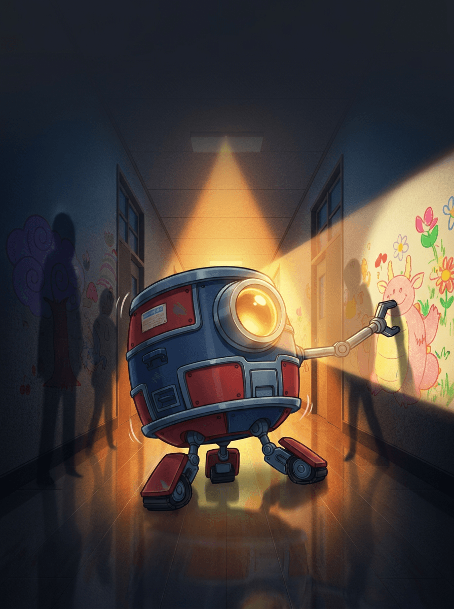 Robô azul e vermelho Beep ilumina o corredor escolar com sua lente.