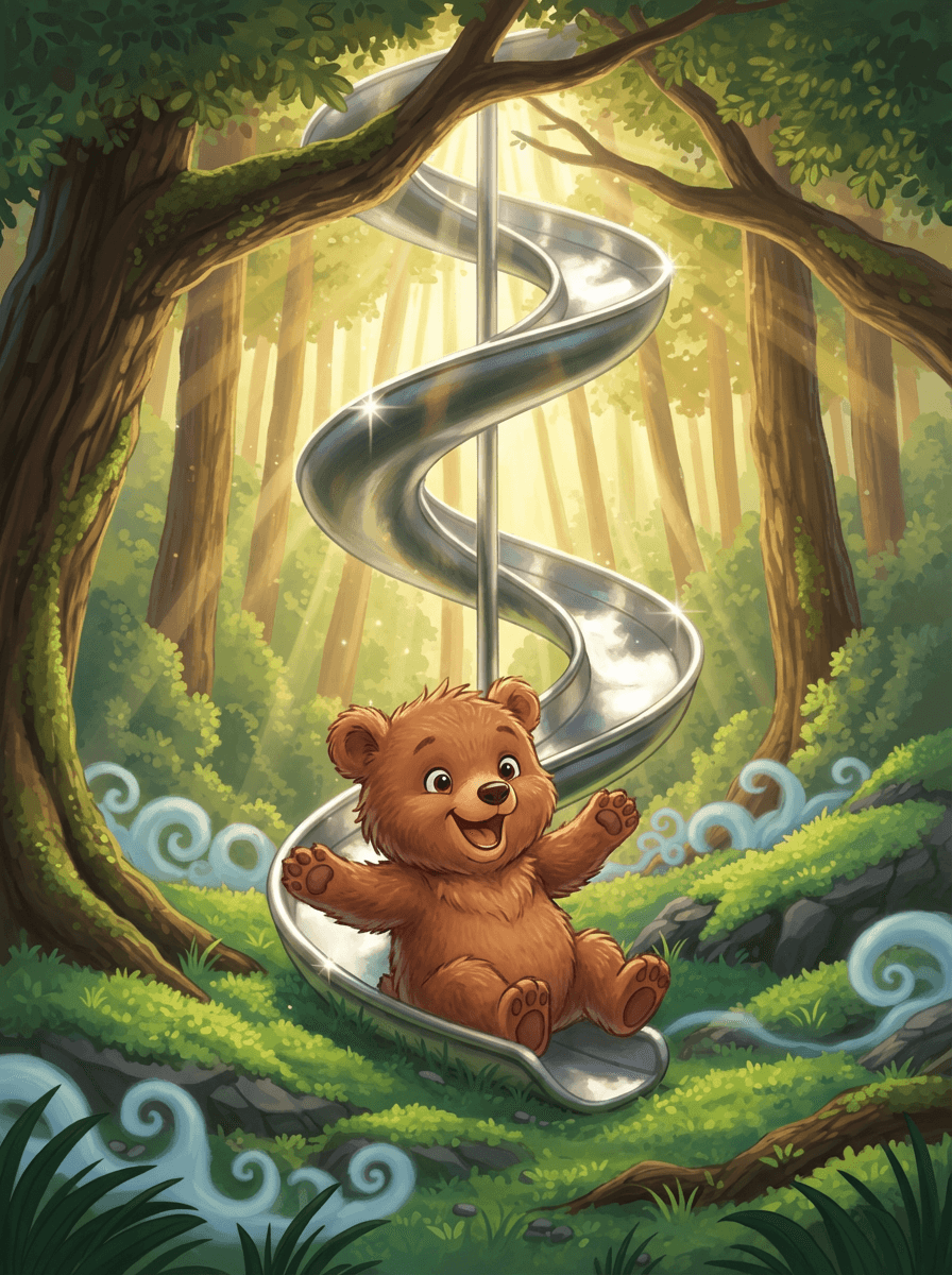 Medvídek Brumla stojí odvážně na vrcholu vysoké stříbrné lesní klouzačky.