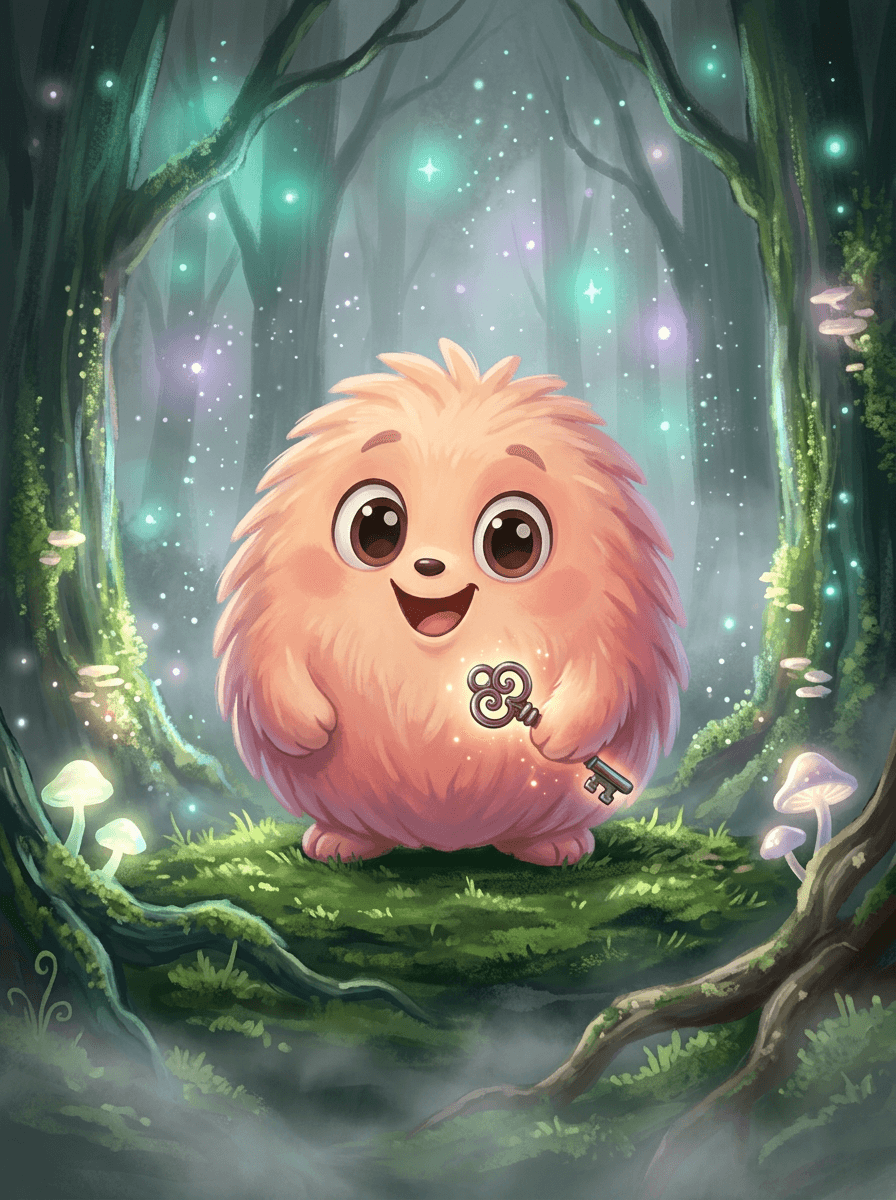 Den rosa skapningen Fluffy holder en mystisk jernnøkkel i en tåkete skog.