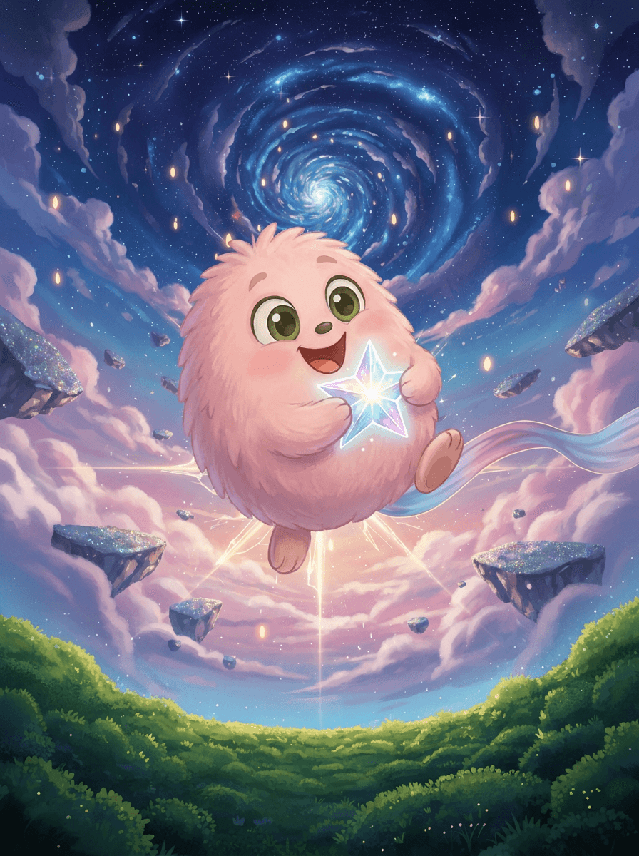 Fluffy the pink explorer carries Nova the star through the shifting mountains.