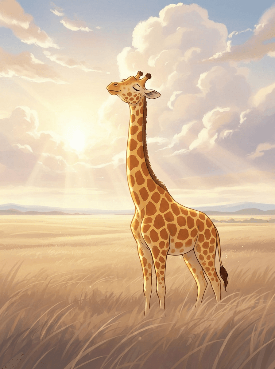 Laskavá žirafa Eliška se natahuje vysoko k obláčkům ve zlatavé savaně.