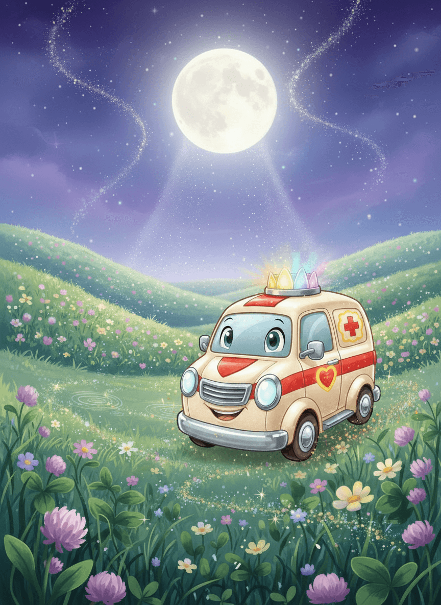 Kouzelná sanitka s majáčkem a Starý bagr tančí na rozkvetlé louce.