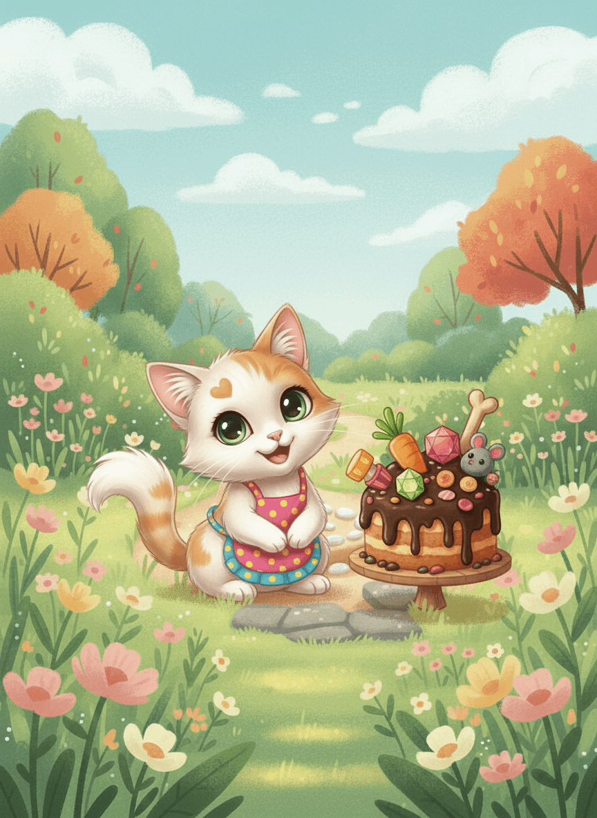 Kočička a pejsek v zástěrách společně míchají suroviny do velkého dortu.