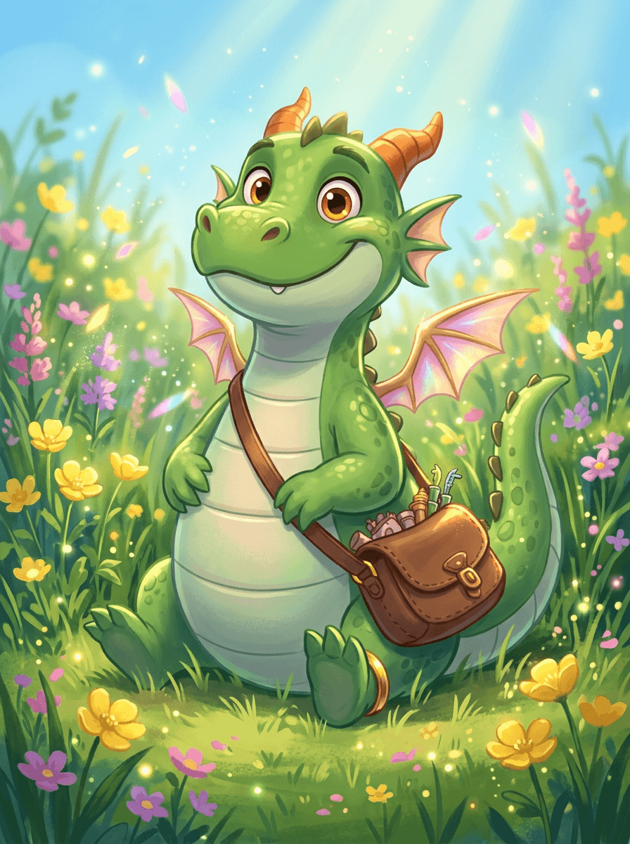 El dragón verde Zog con alas brillantes junto al charco de Pipa.