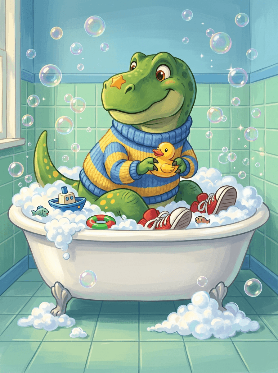Le petit dinosaure Rex observe sa balle rouge dans son bain mousseux.